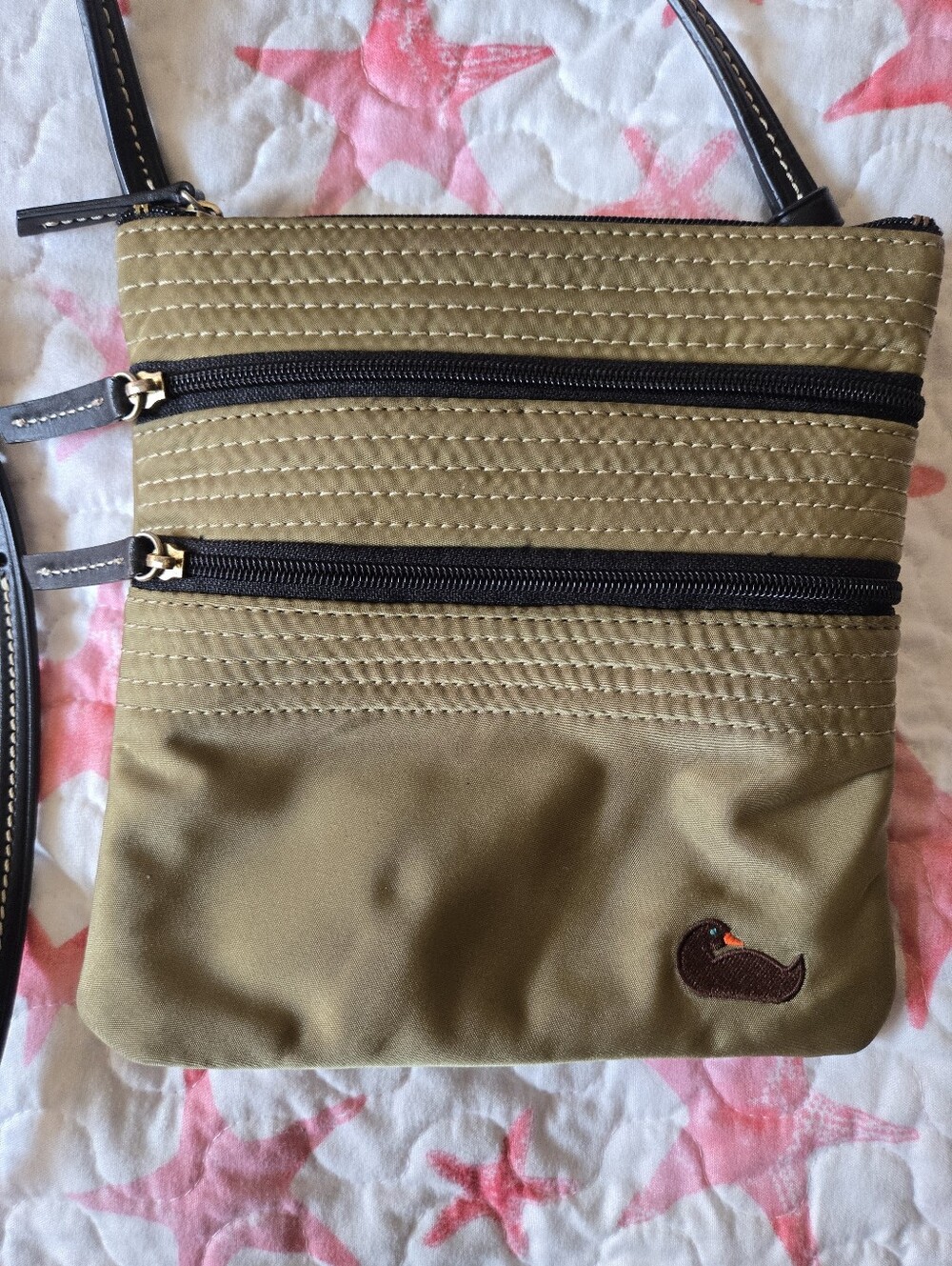 Dooney & Bourke Vintage Triple Zip Nylon Crossbody Bag Olive Tan EUC
